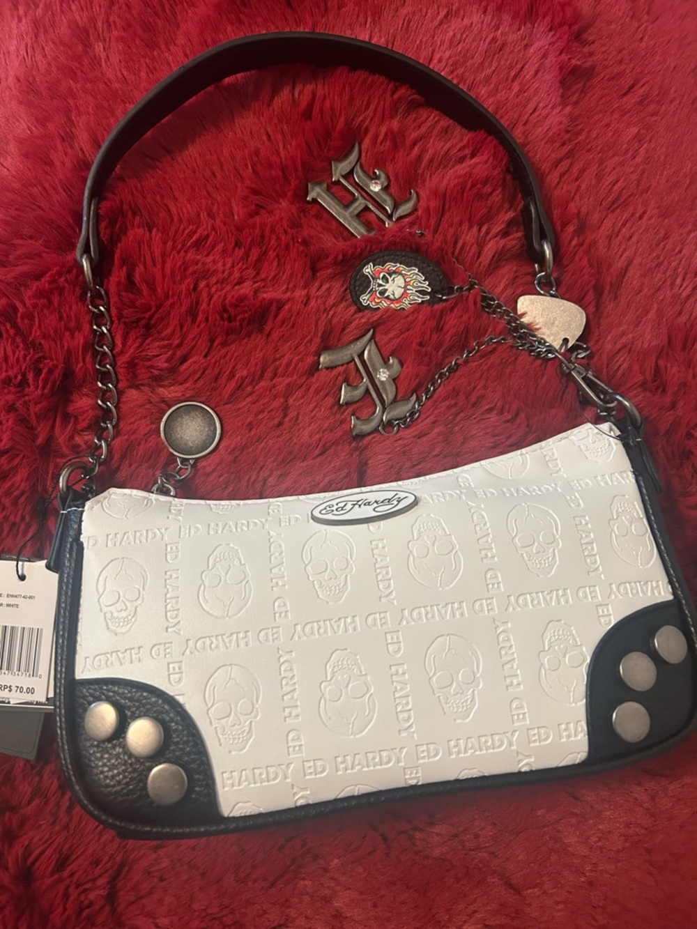 Ed Hardy White Embossed Skull Shoulder Bag with Black Trim